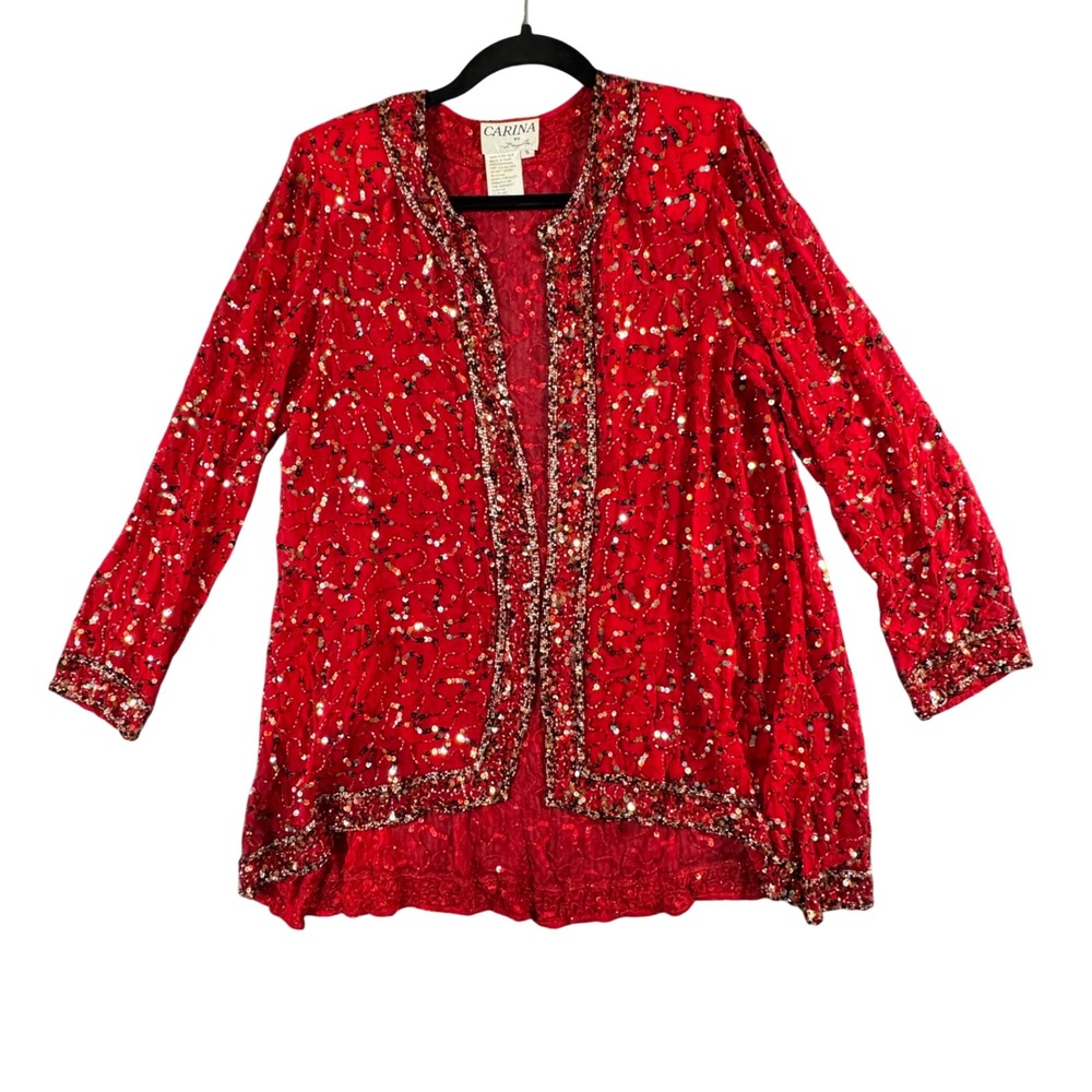 VTG Carina by Barry Lee Red Silk Sequin Open Front Jacket S‎ Romantic Glam
